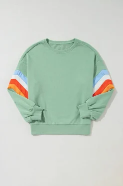 Discount Dear-Lover Rainbow Striped Sleeve Crew Neck Loose Sweatshirt Moonlight Jade