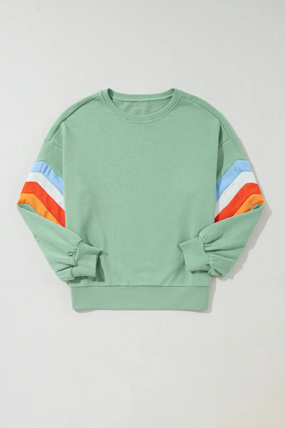 Discount Dear-Lover Rainbow Striped Sleeve Crew Neck Loose Sweatshirt Moonlight Jade