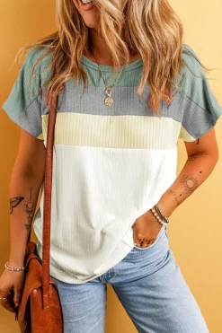 Discount Dear-Lover Ribbed Color Block Patchwork T-shirt Moonlight Jade
