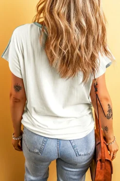 Discount Dear-Lover Ribbed Color Block Patchwork T-shirt Moonlight Jade