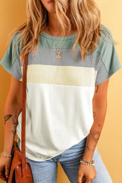 Discount Dear-Lover Ribbed Color Block Patchwork T-shirt Moonlight Jade