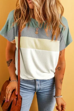 Discount Dear-Lover Ribbed Color Block Patchwork T-shirt Moonlight Jade