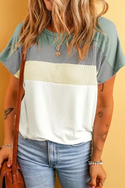 Discount Dear-Lover Ribbed Color Block Patchwork T-shirt Moonlight Jade