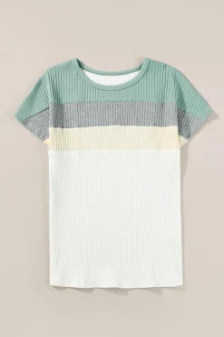 Discount Dear-Lover Ribbed Color Block Patchwork T-shirt Moonlight Jade