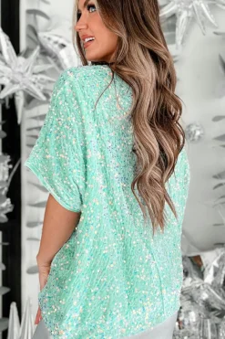 Hot Dear-Lover Sequin Batwing Sleeve V Neck Velvet Blouse Moonlight Jade