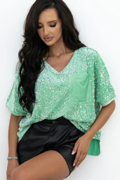 Hot Dear-Lover Sequin Batwing Sleeve V Neck Velvet Blouse Moonlight Jade