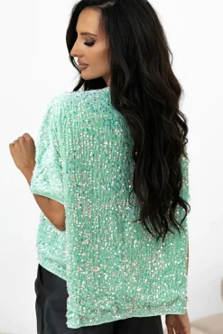 Hot Dear-Lover Sequin Batwing Sleeve V Neck Velvet Blouse Moonlight Jade