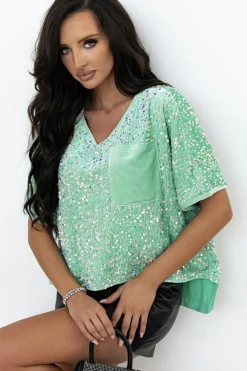 Hot Dear-Lover Sequin Batwing Sleeve V Neck Velvet Blouse Moonlight Jade
