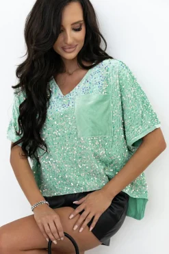 Hot Dear-Lover Sequin Batwing Sleeve V Neck Velvet Blouse Moonlight Jade