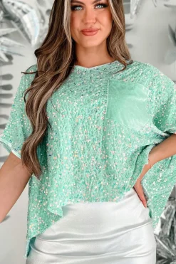 Hot Dear-Lover Sequin Batwing Sleeve V Neck Velvet Blouse Moonlight Jade