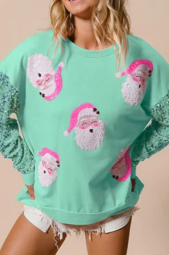 Hot Dear-Lover Sequined Santa Claus Long Sleeve Christmas Sweatshirt Moonlight Jade