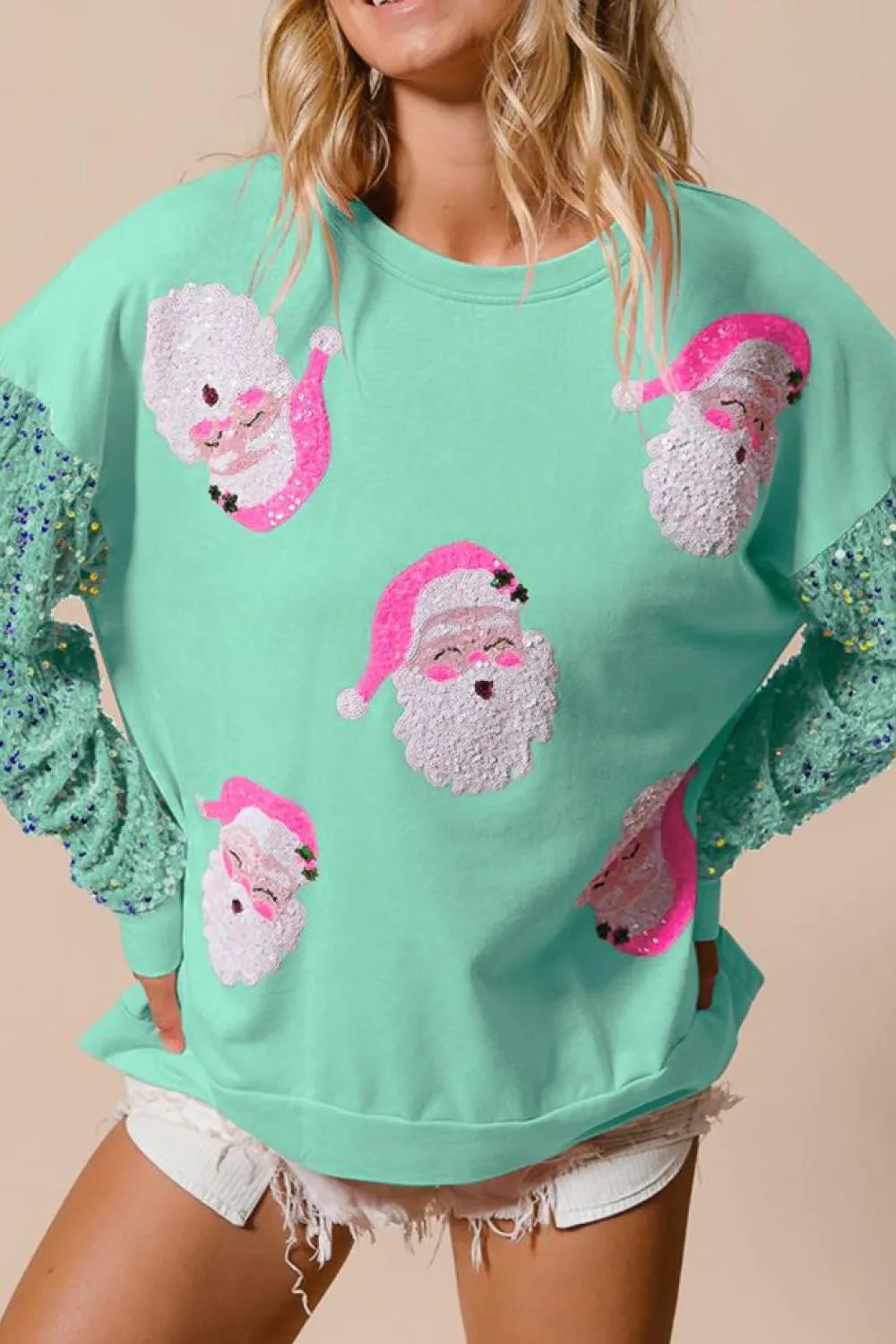 Hot Dear-Lover Sequined Santa Claus Long Sleeve Christmas Sweatshirt Moonlight Jade