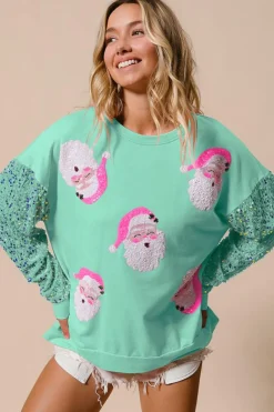 Hot Dear-Lover Sequined Santa Claus Long Sleeve Christmas Sweatshirt Moonlight Jade