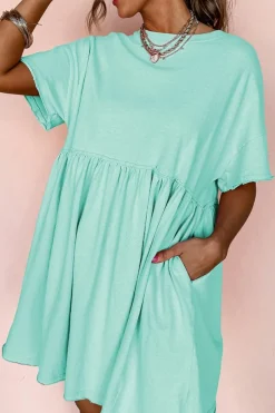 Outlet Dear-Lover Solid Color Pocketed Raw Edge Babydoll Dress Moonlight Jade