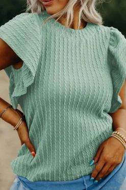 Outlet Dear-Lover Solid Color Textured Flutter Sleeve Top Moonlight Jade