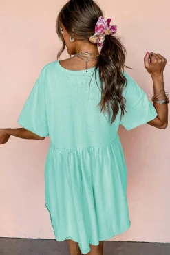 Outlet Dear-Lover Solid Color Pocketed Raw Edge Babydoll Dress Moonlight Jade