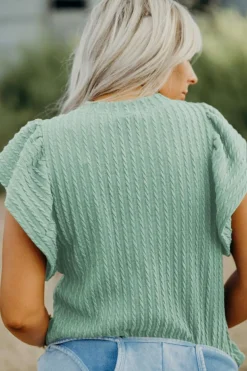 Outlet Dear-Lover Solid Color Textured Flutter Sleeve Top Moonlight Jade