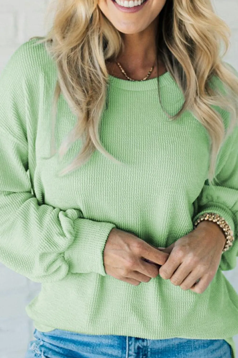 Online Dear-Lover Solid Cord Ribbed Drop Shoulder Pullover Top Moonlight Jade