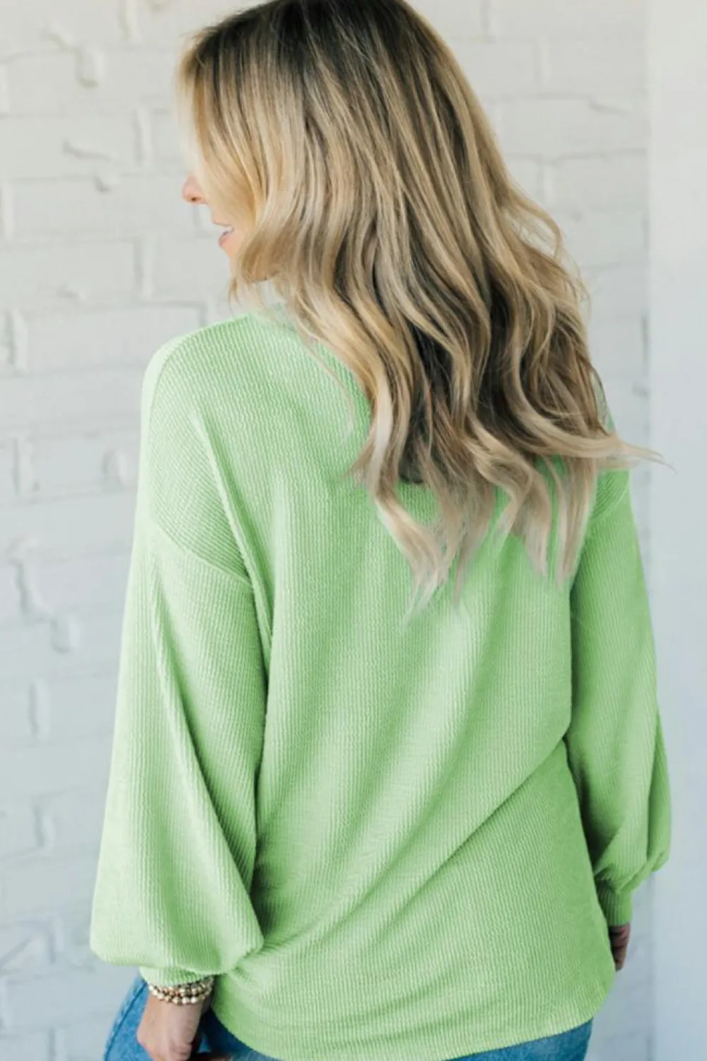 Online Dear-Lover Solid Cord Ribbed Drop Shoulder Pullover Top Moonlight Jade