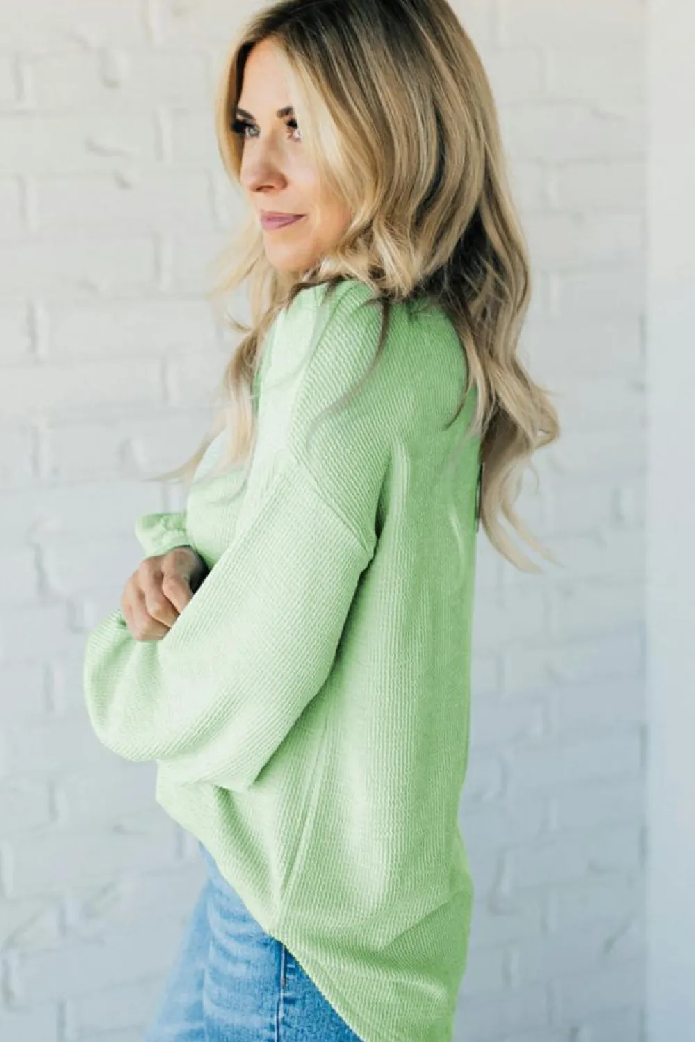 Online Dear-Lover Solid Cord Ribbed Drop Shoulder Pullover Top Moonlight Jade