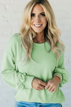 Online Dear-Lover Solid Cord Ribbed Drop Shoulder Pullover Top Moonlight Jade
