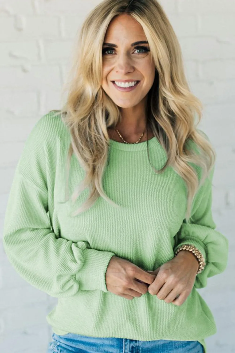 Online Dear-Lover Solid Cord Ribbed Drop Shoulder Pullover Top Moonlight Jade
