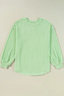 Online Dear-Lover Solid Cord Ribbed Drop Shoulder Pullover Top Moonlight Jade