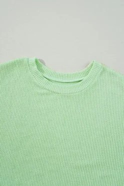 Online Dear-Lover Solid Cord Ribbed Drop Shoulder Pullover Top Moonlight Jade