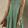Fashion Dear-Lover Split V Neck Tiered Flowy Sleeveless Dress Moonlight Jade