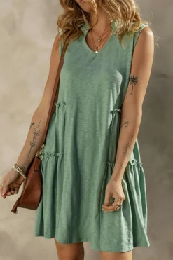 Fashion Dear-Lover Split V Neck Tiered Flowy Sleeveless Dress Moonlight Jade