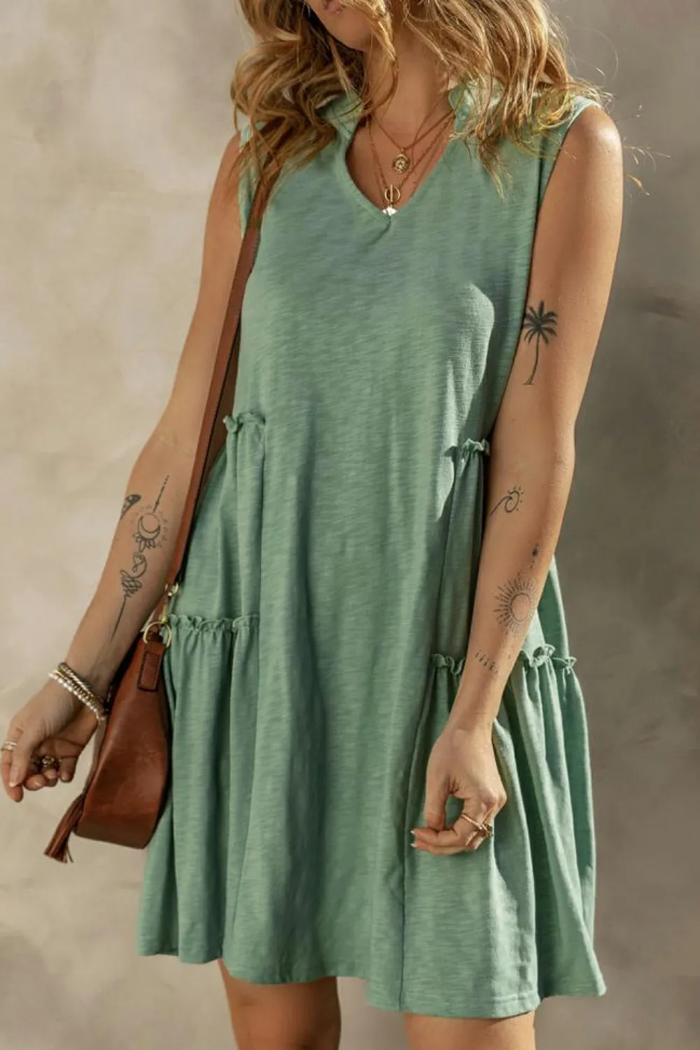 Fashion Dear-Lover Split V Neck Tiered Flowy Sleeveless Dress Moonlight Jade