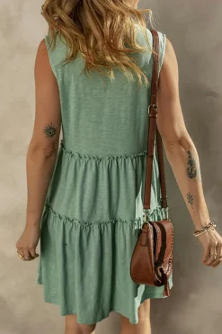Fashion Dear-Lover Split V Neck Tiered Flowy Sleeveless Dress Moonlight Jade