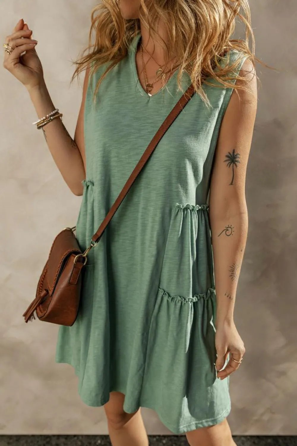 Fashion Dear-Lover Split V Neck Tiered Flowy Sleeveless Dress Moonlight Jade