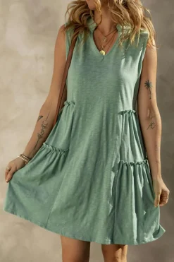 Fashion Dear-Lover Split V Neck Tiered Flowy Sleeveless Dress Moonlight Jade