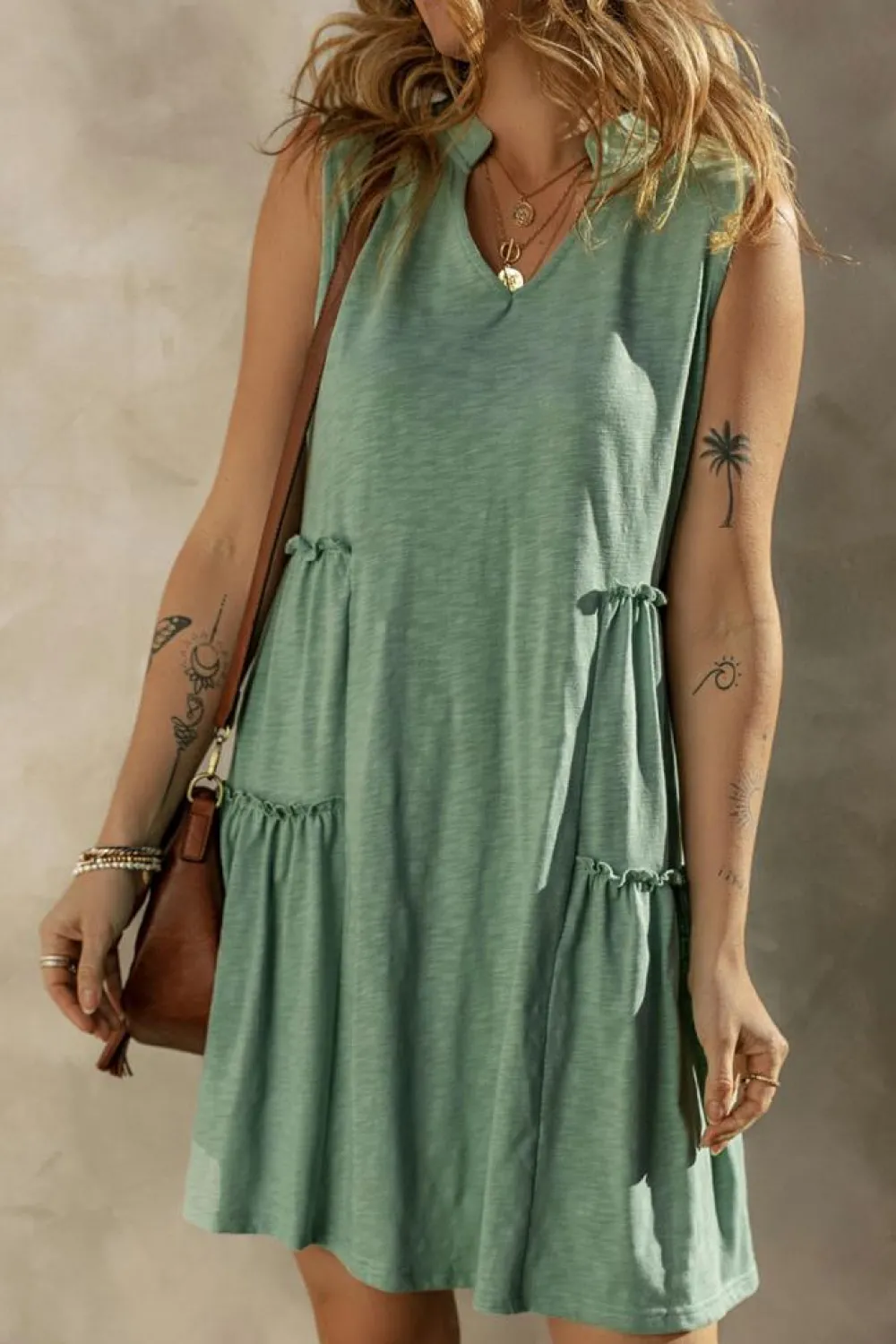 Fashion Dear-Lover Split V Neck Tiered Flowy Sleeveless Dress Moonlight Jade