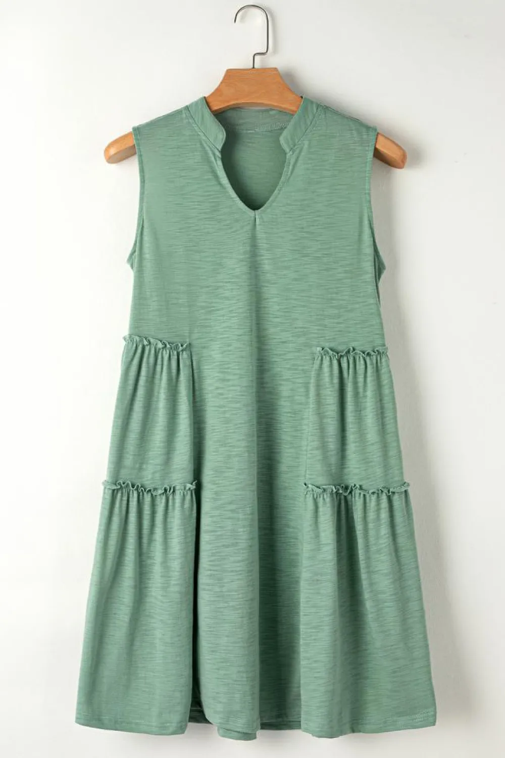 Fashion Dear-Lover Split V Neck Tiered Flowy Sleeveless Dress Moonlight Jade