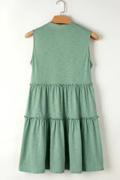 Fashion Dear-Lover Split V Neck Tiered Flowy Sleeveless Dress Moonlight Jade