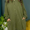 Sale Dear-Lover Corded Buttons Placket Drop Shoulder Collared Shift Dress Moss Green