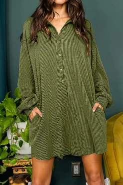 Sale Dear-Lover Corded Buttons Placket Drop Shoulder Collared Shift Dress Moss Green
