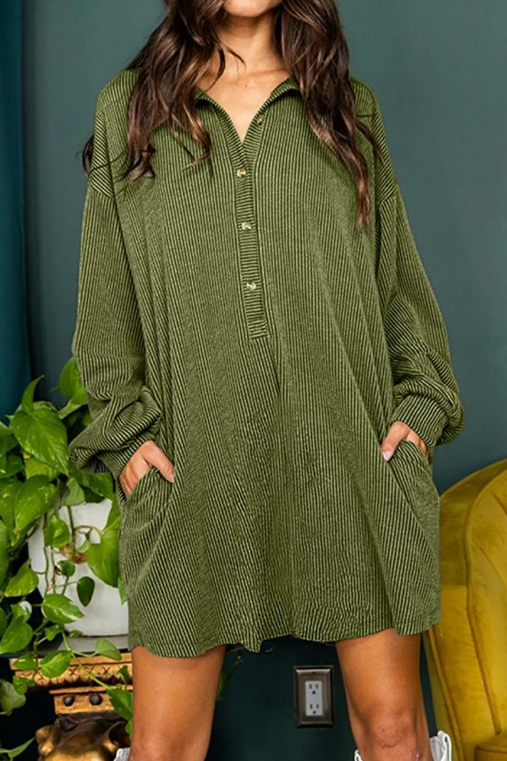 Sale Dear-Lover Corded Buttons Placket Drop Shoulder Collared Shift Dress Moss Green