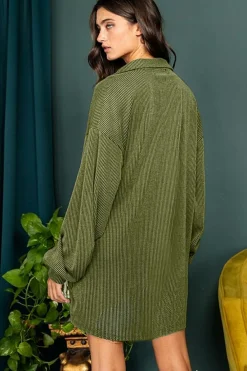 Sale Dear-Lover Corded Buttons Placket Drop Shoulder Collared Shift Dress Moss Green