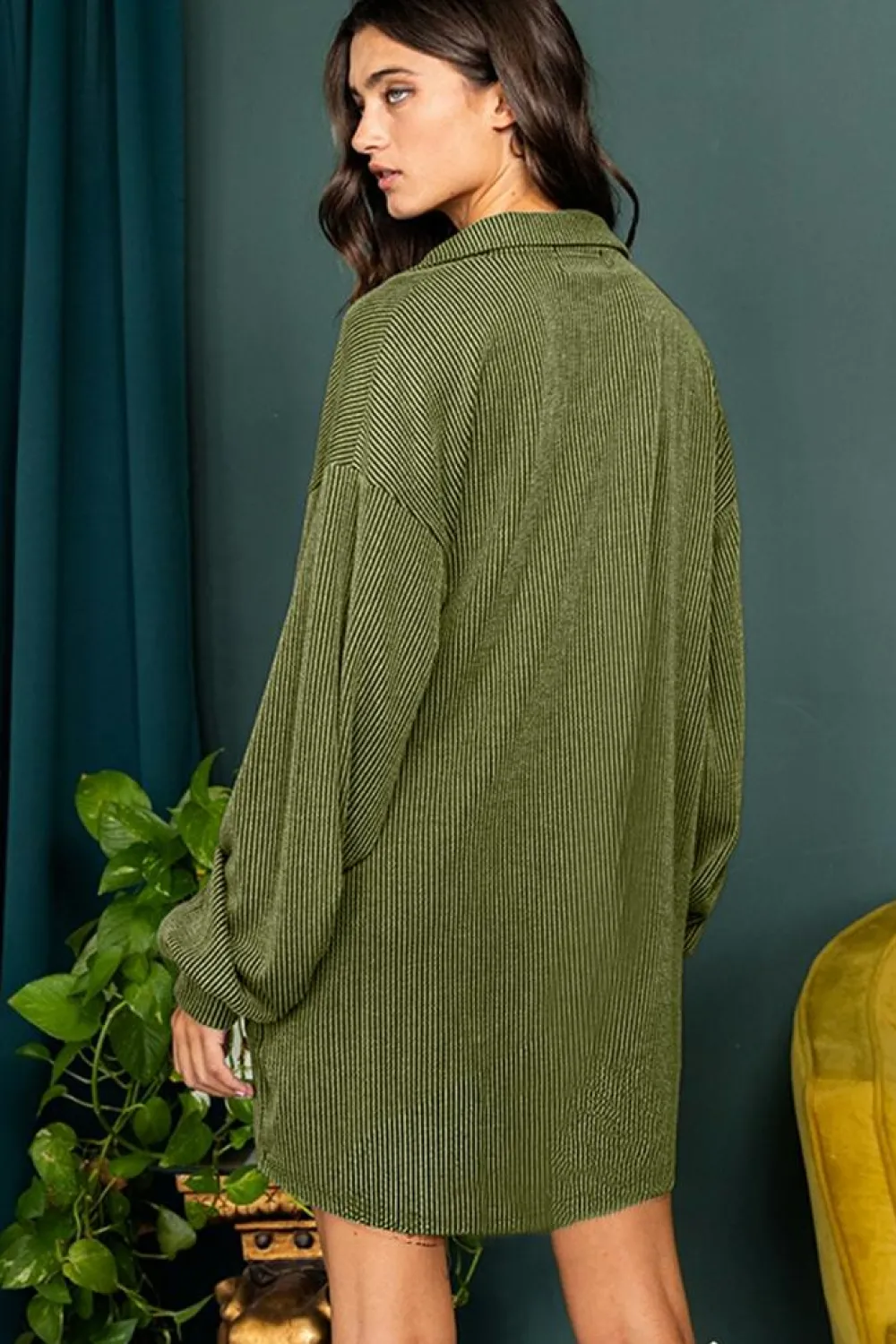 Sale Dear-Lover Corded Buttons Placket Drop Shoulder Collared Shift Dress Moss Green