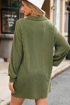 Sale Dear-Lover Corded Buttons Placket Drop Shoulder Collared Shift Dress Moss Green