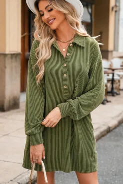 Sale Dear-Lover Corded Buttons Placket Drop Shoulder Collared Shift Dress Moss Green