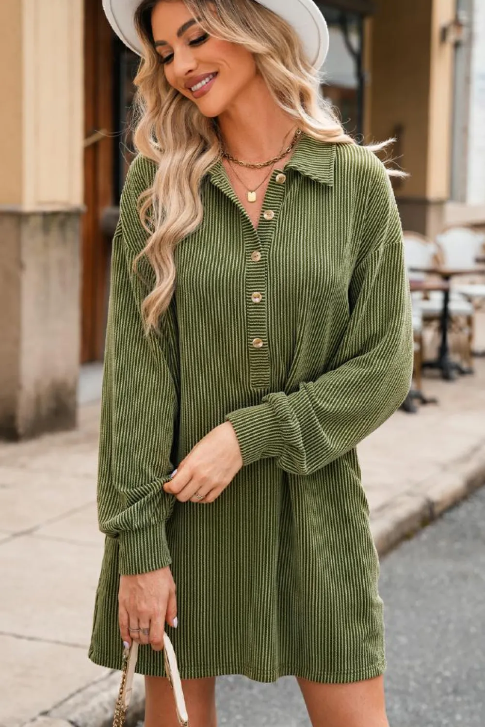 Sale Dear-Lover Corded Buttons Placket Drop Shoulder Collared Shift Dress Moss Green