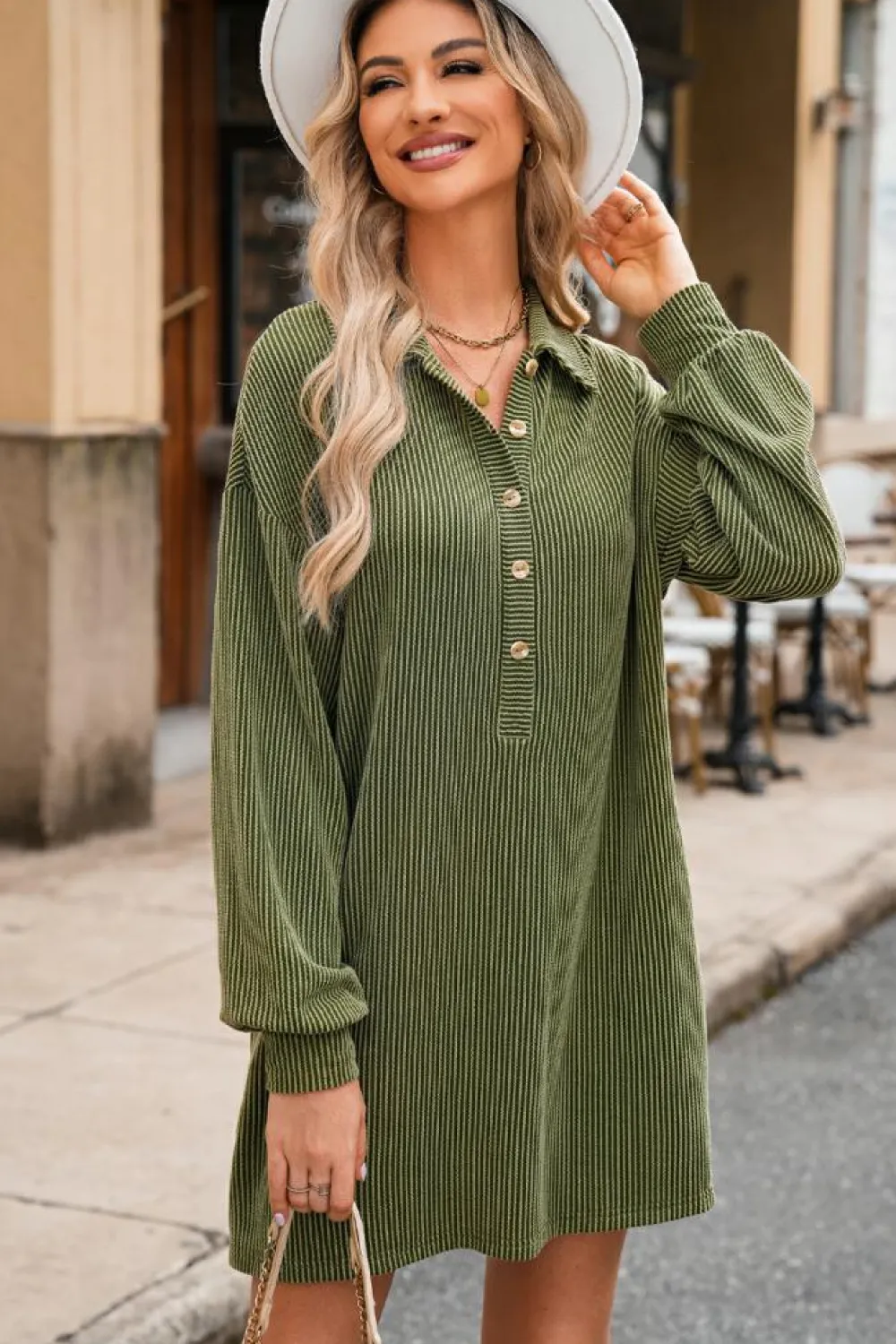 Sale Dear-Lover Corded Buttons Placket Drop Shoulder Collared Shift Dress Moss Green