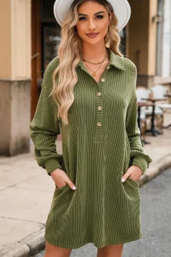 Sale Dear-Lover Corded Buttons Placket Drop Shoulder Collared Shift Dress Moss Green