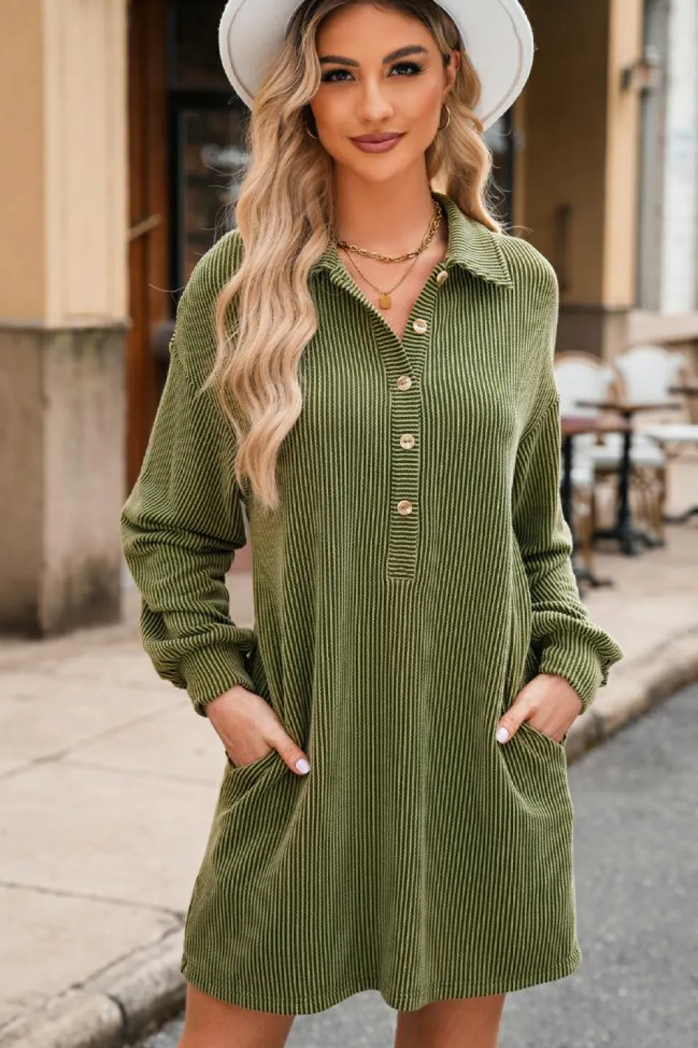 Sale Dear-Lover Corded Buttons Placket Drop Shoulder Collared Shift Dress Moss Green