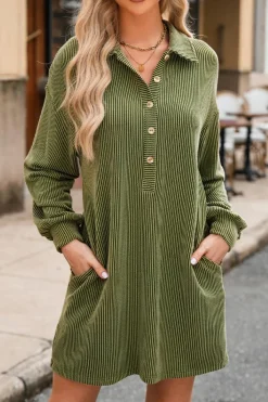 Sale Dear-Lover Corded Buttons Placket Drop Shoulder Collared Shift Dress Moss Green