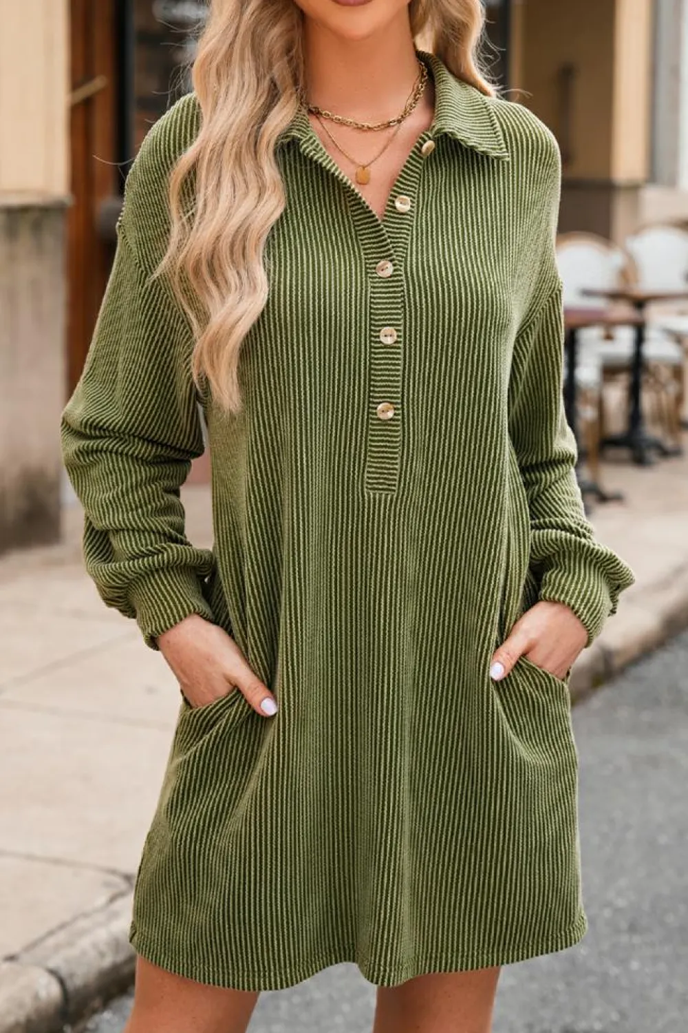 Sale Dear-Lover Corded Buttons Placket Drop Shoulder Collared Shift Dress Moss Green